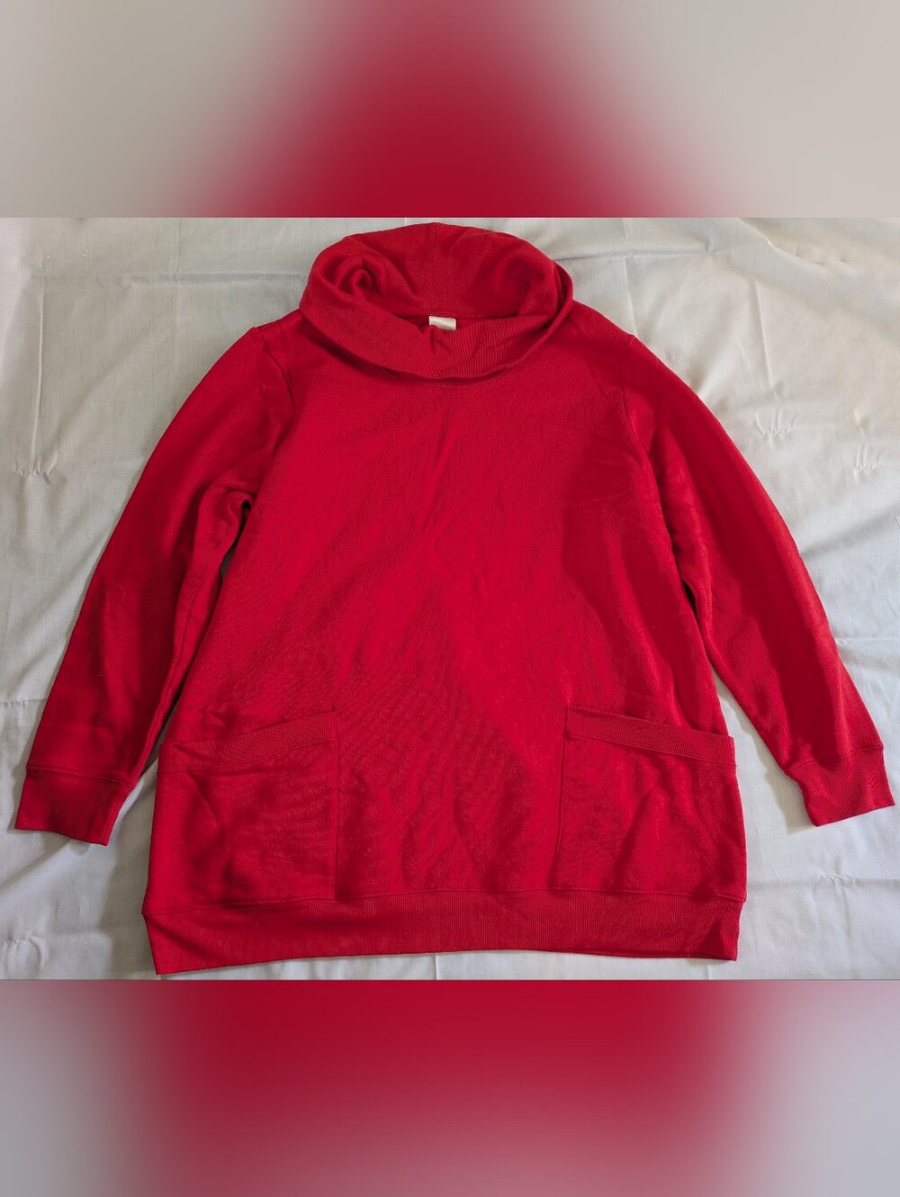 Red 3/4 Sleeve Cowl Turtleneck Pullover  Sweatshirt Two Pockets